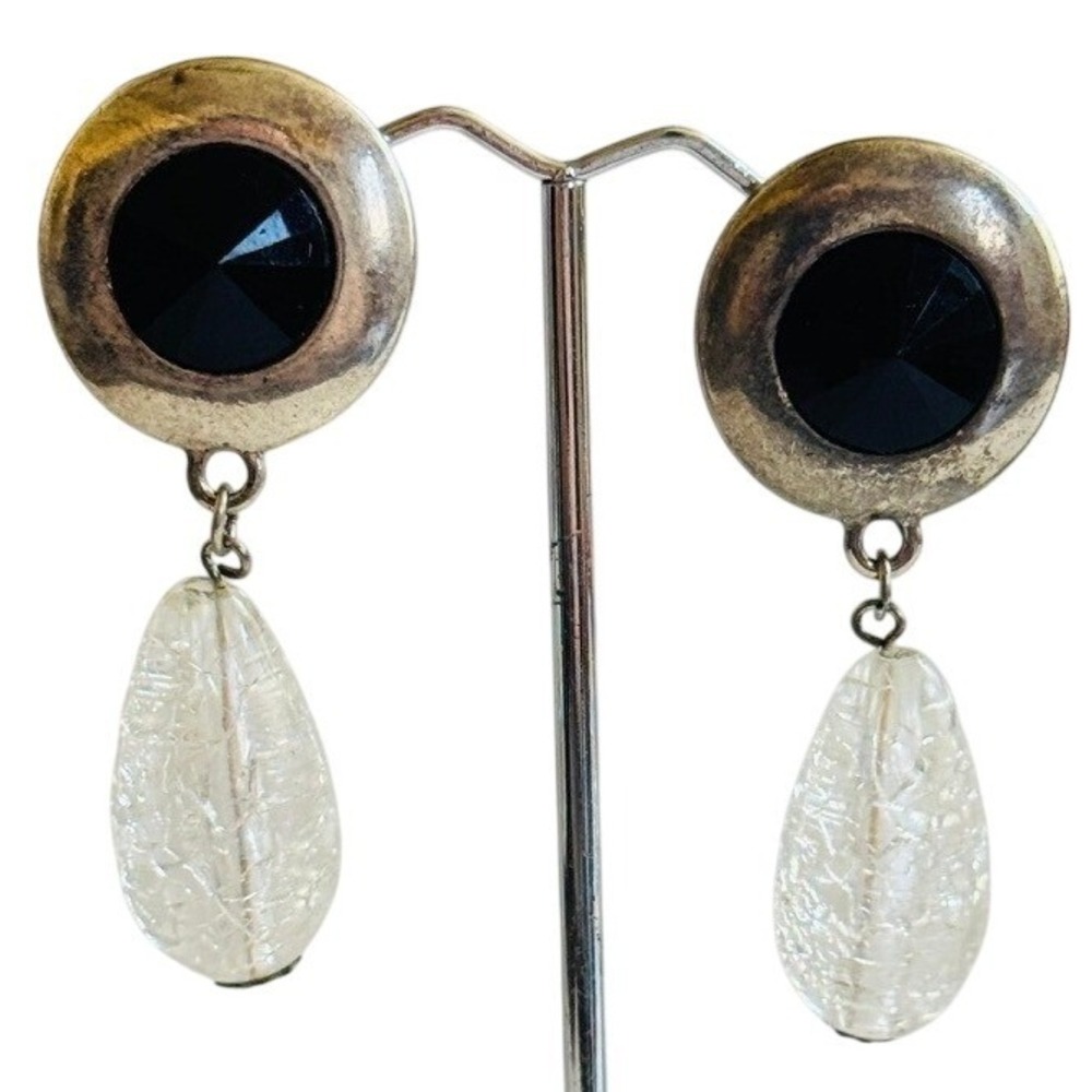 VTG rivoli Earrings Lucite Dangle distressed silver post MOD retro Chunky 80s
